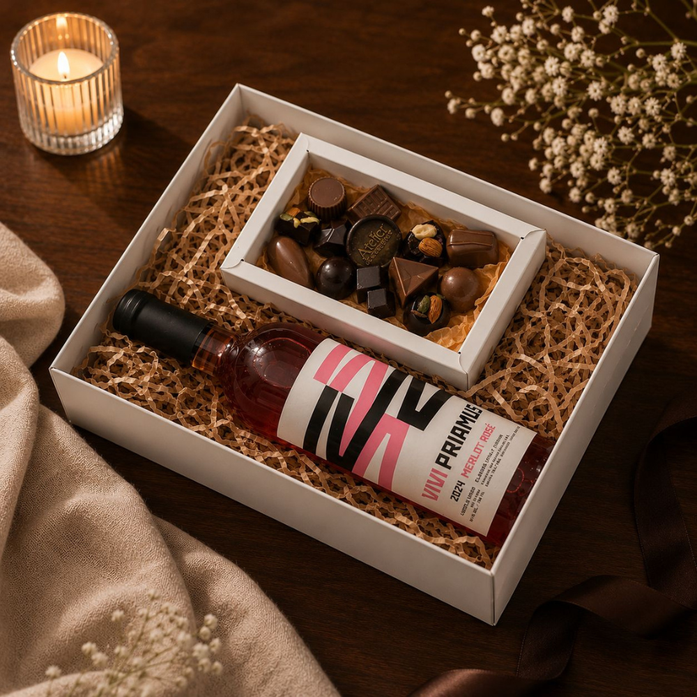 Box Vino & Bombones · Vivi Priamus Rosé + 12 Bombones Artesanales